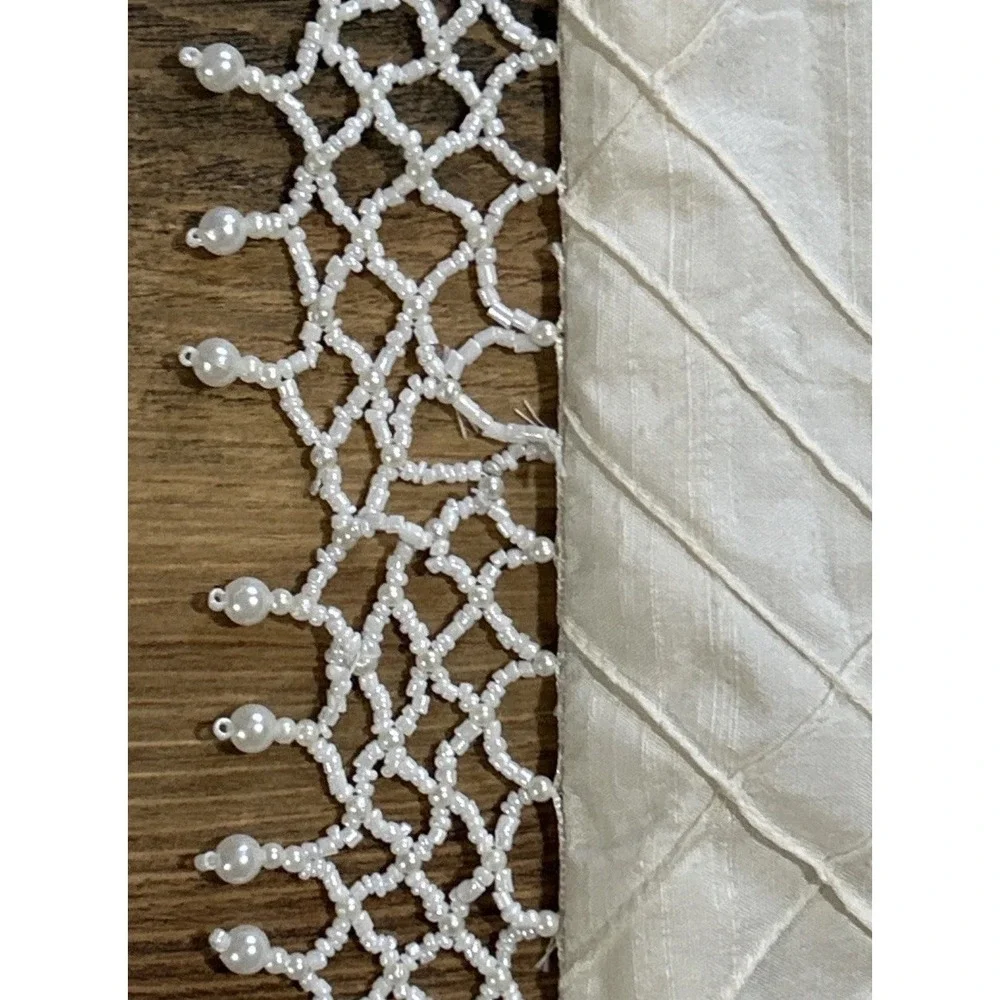 Throw Pillow Cover ONLY Beaded Pearly Dangly Satiny Off White Crocheted Trim 18
